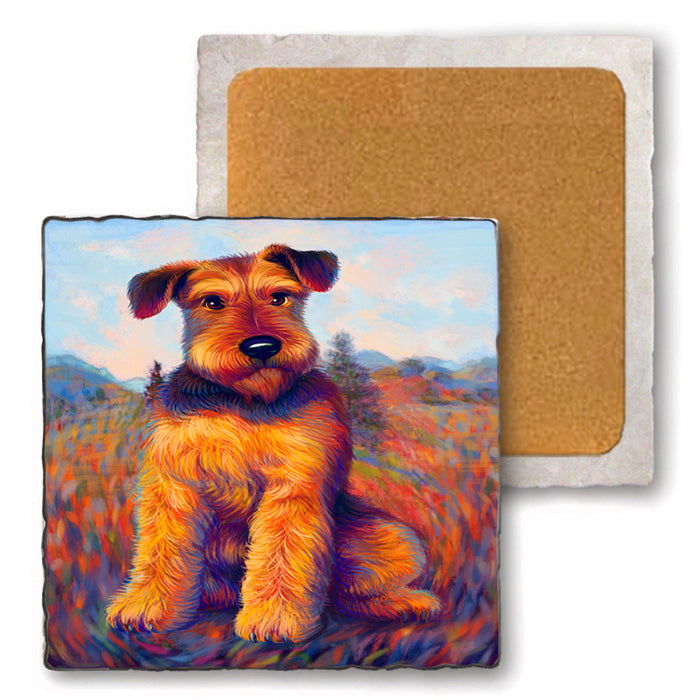Mystic Blaze Airedale Terrier Dog Set of 4 Natural Stone Marble Tile Coasters MCST48569
