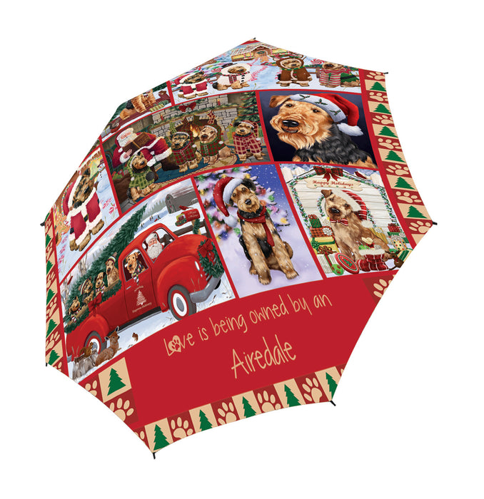 Love is Being Owned Christmas Airedale Terrier Dogs Semi-Automatic Foldable Umbrella