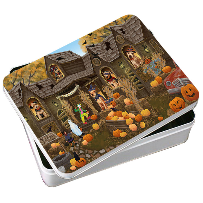 Haunted House Halloween Trick or Treat Airedale Terriers Dog Photo Storage Tin PITN52827