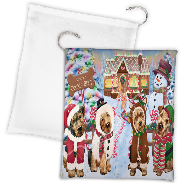 Holiday Gingerbread Cookie Airedale Dogs Shop Drawstring Laundry or Gift Bag LGB48555