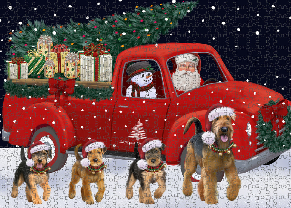 Christmas Express Delivery Red Truck Running Airedale Dogs Puzzle with Photo Tin PUZL99564