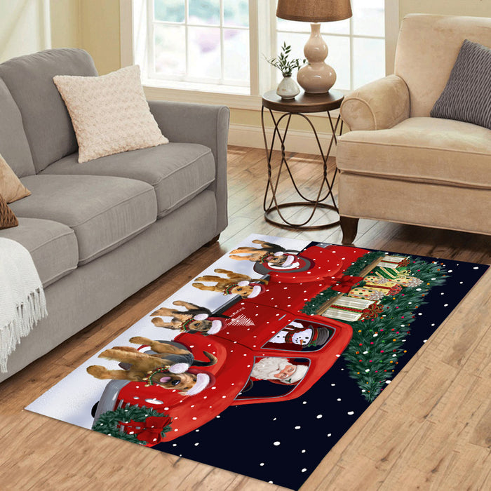 Christmas Express Delivery Red Truck Running Airedale Dogs Polyester Area Rug ARUG62673