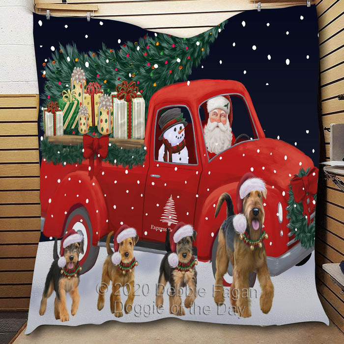 Christmas Express Delivery Red Truck Running Airedale Dogs Lightweight Soft Bedspread Coverlet Bedding Quilt QUILT59741