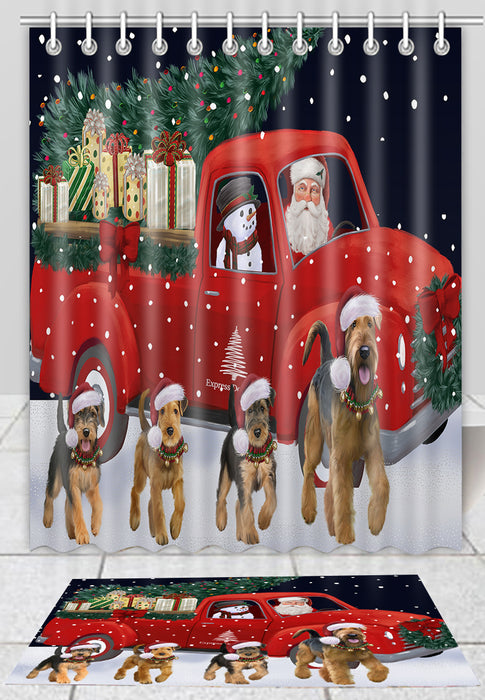 Christmas Express Delivery Red Truck Running Airedale Dogs Bath Mat and Shower Curtain Combo