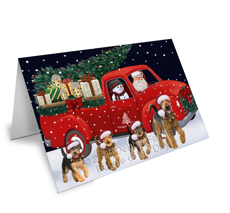 Christmas Express Delivery Red Truck Running Airedale Dogs Handmade Artwork Assorted Pets Greeting Cards and Note Cards with Envelopes for All Occasions and Holiday Seasons GCD75035