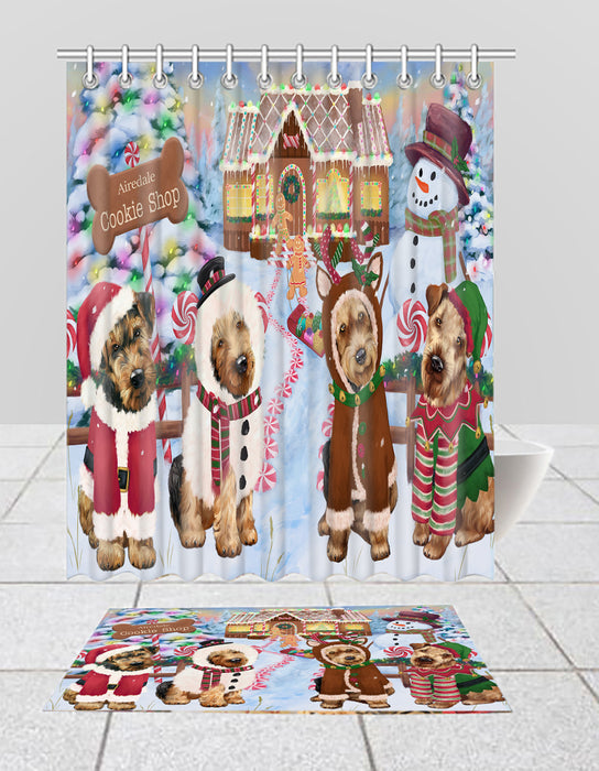 Holiday Gingerbread Cookie Airedale Dogs  Bath Mat and Shower Curtain Combo