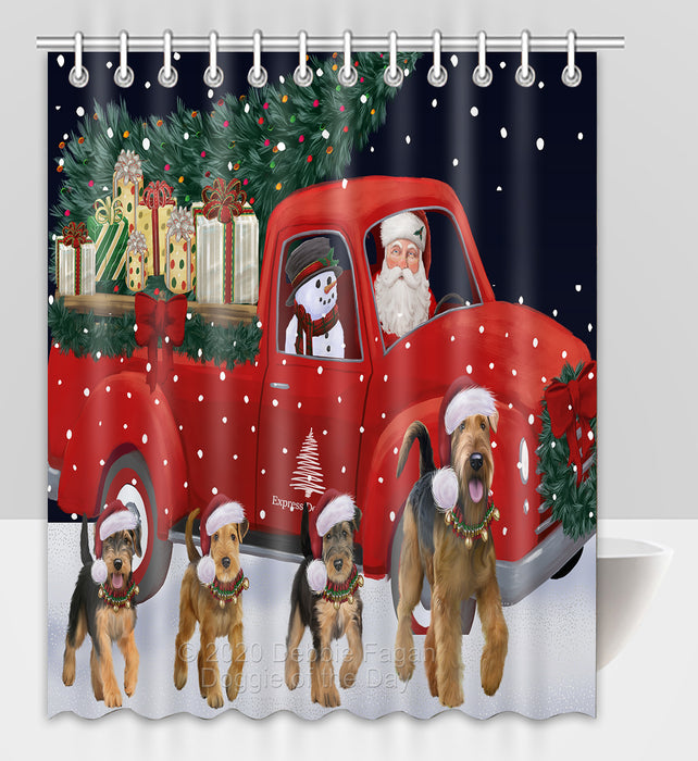 Christmas Express Delivery Red Truck Running Airedale Dogs Shower Curtain Bathroom Accessories Decor Bath Tub Screens