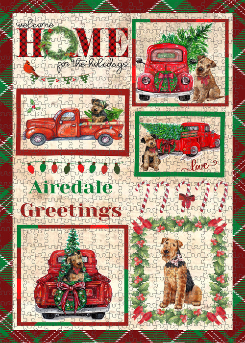 Welcome Home for Christmas Holidays Airedale Dogs Portrait Jigsaw Puzzle for Adults Animal Interlocking Puzzle Game Unique Gift for Dog Lover's with Metal Tin Box