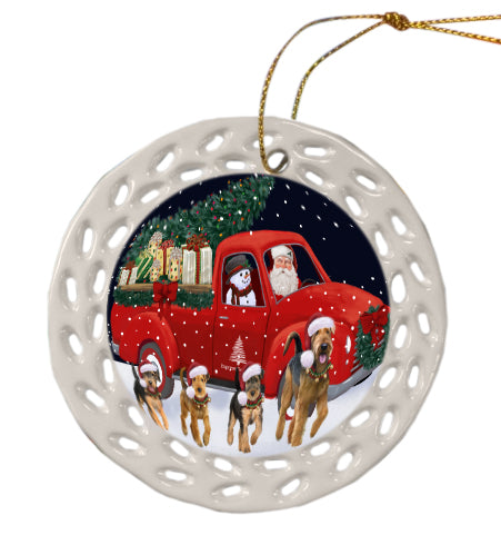 Christmas Express Delivery Red Truck Running Airedale Dog Doily Ornament DPOR59233