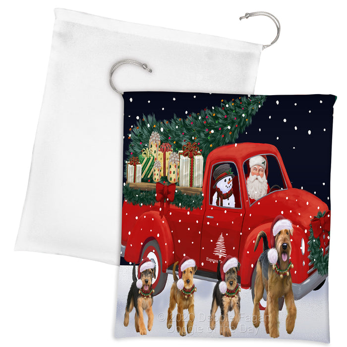 Christmas Express Delivery Red Truck Running Airedale Dogs Drawstring Laundry or Gift Bag LGB48867