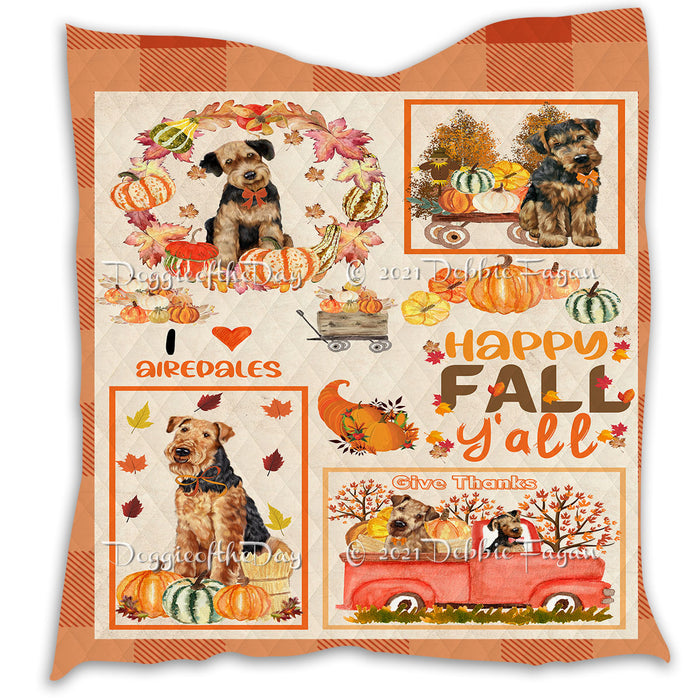 Happy Fall Y'all Pumpkin Airedale Dogs Quilt Bed Coverlet Bedspread - Pets Comforter Unique One-side Animal Printing - Soft Lightweight Durable Washable Polyester Quilt