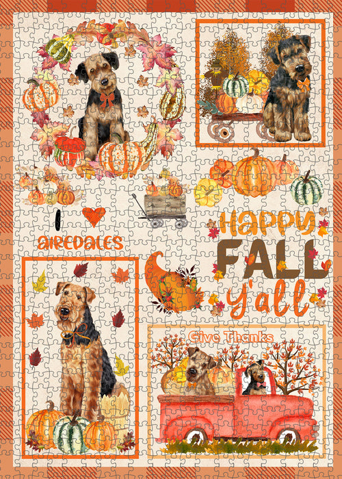 Happy Fall Y'all Pumpkin Airedale Dogs Portrait Jigsaw Puzzle for Adults Animal Interlocking Puzzle Game Unique Gift for Dog Lover's with Metal Tin Box