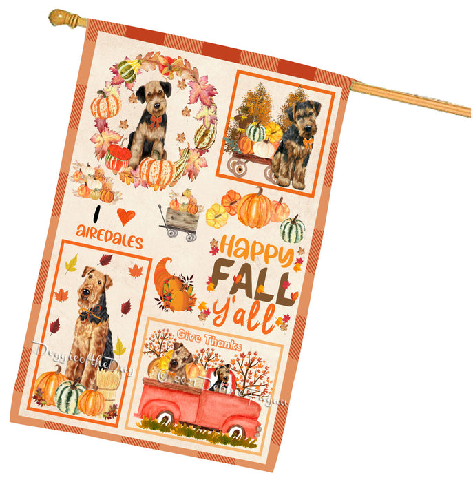 Happy Fall Y'all Pumpkin Airedale Dogs House Flag Outdoor Decorative Double Sided Pet Portrait Weather Resistant Premium Quality Animal Printed Home Decorative Flags 100% Polyester