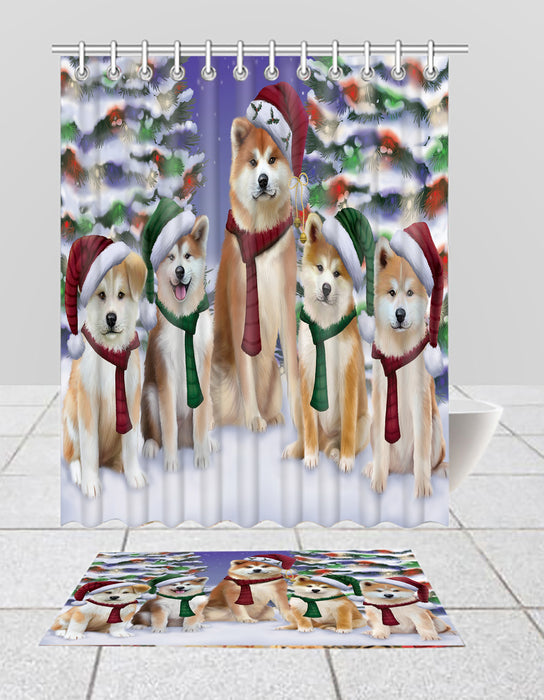 Akita Dogs Christmas Family Portrait in Holiday Scenic Background  Bath Mat and Shower Curtain Combo