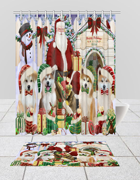 Happy Holidays Christmas Akita Dogs House Gathering Bath Mat and Shower Curtain Combo