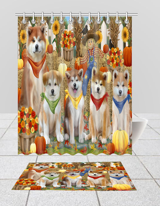 Fall Festive Harvest Time Gathering Akita Dogs Bath Mat and Shower Curtain Combo