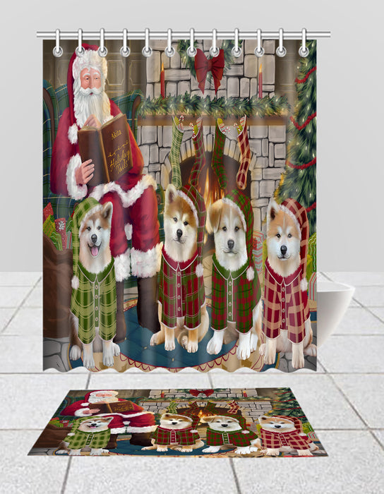 Christmas Cozy Holiday Fire Tails Akita Dogs Bath Mat and Shower Curtain Combo