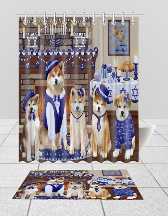 Happy Hanukkah Family Akita Dogs Bath Mat and Shower Curtain Combo