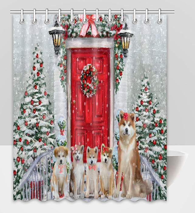 Christmas Holiday Welcome Akita Dogs Shower Curtain Pet Painting Bathtub Curtain Waterproof Polyester One-Side Printing Decor Bath Tub Curtain for Bathroom with Hooks