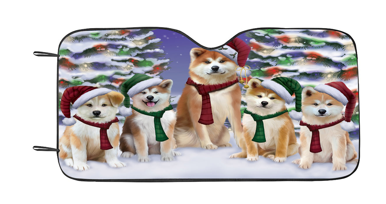 Akita Dogs Christmas Family Portrait in Holiday Scenic Background Car Sun Shade