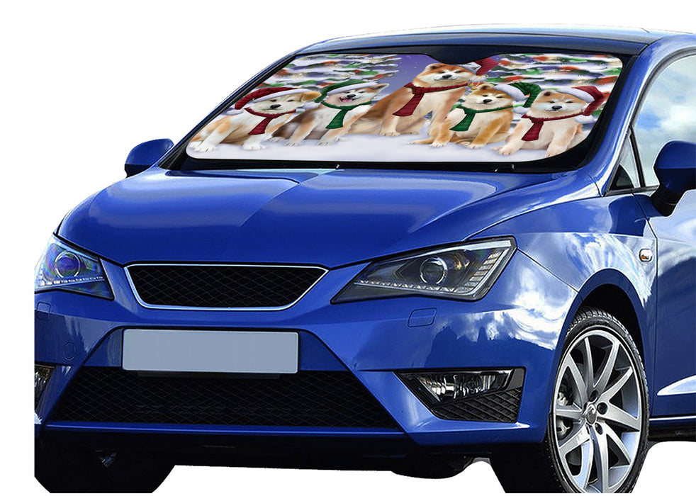 Akita Dogs Christmas Family Portrait in Holiday Scenic Background Car Sun Shade