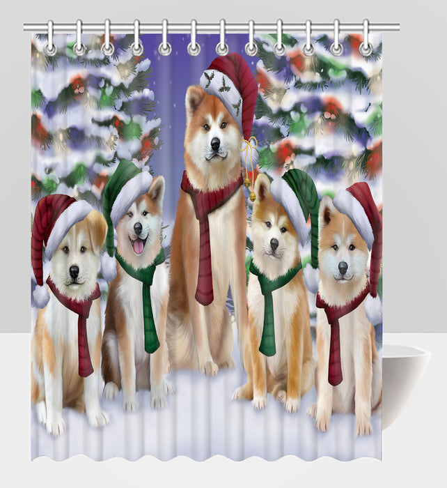 Akita Dogs Christmas Family Portrait in Holiday Scenic Background Shower Curtain