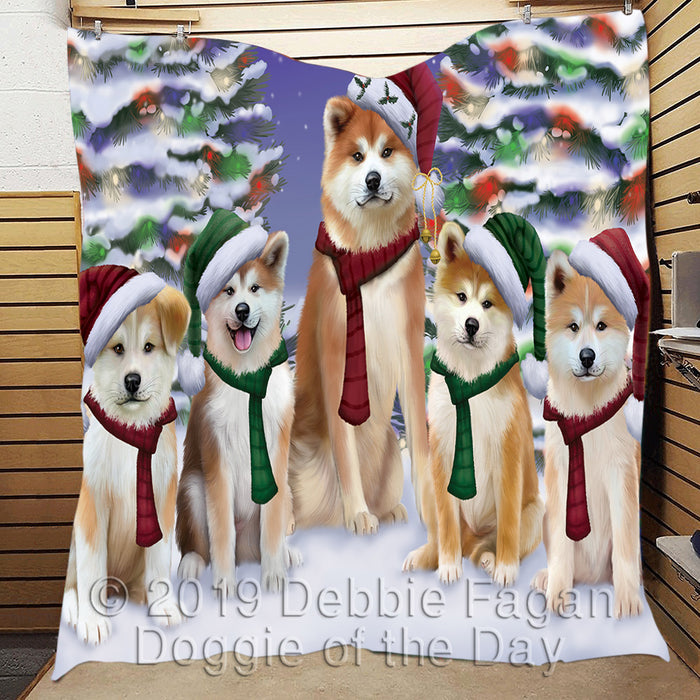 Akita Dogs Christmas Family Portrait in Holiday Scenic Background Quilt