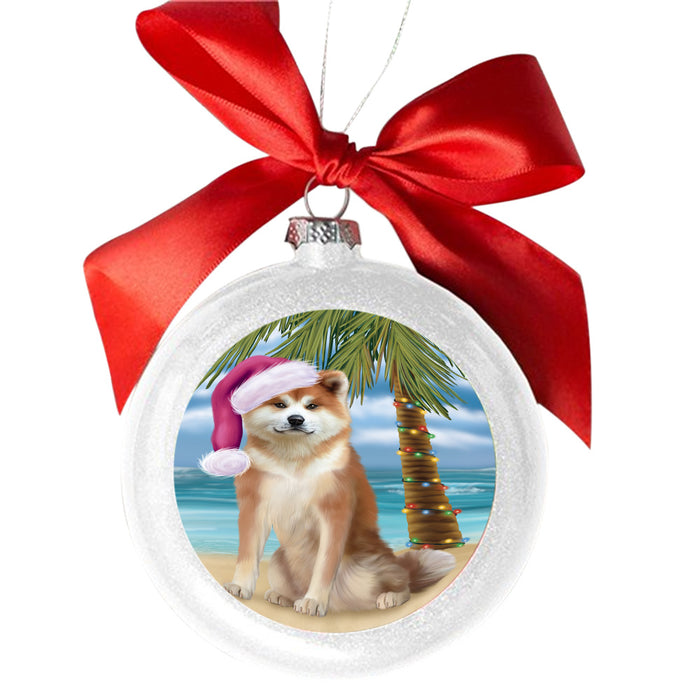 Summertime Happy Holidays Christmas Akita Dog on Tropical Island Beach White Round Ball Christmas Ornament WBSOR49337
