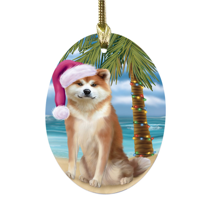 Summertime Happy Holidays Christmas Akita Dog on Tropical Island Beach Oval Glass Christmas Ornament OGOR49337