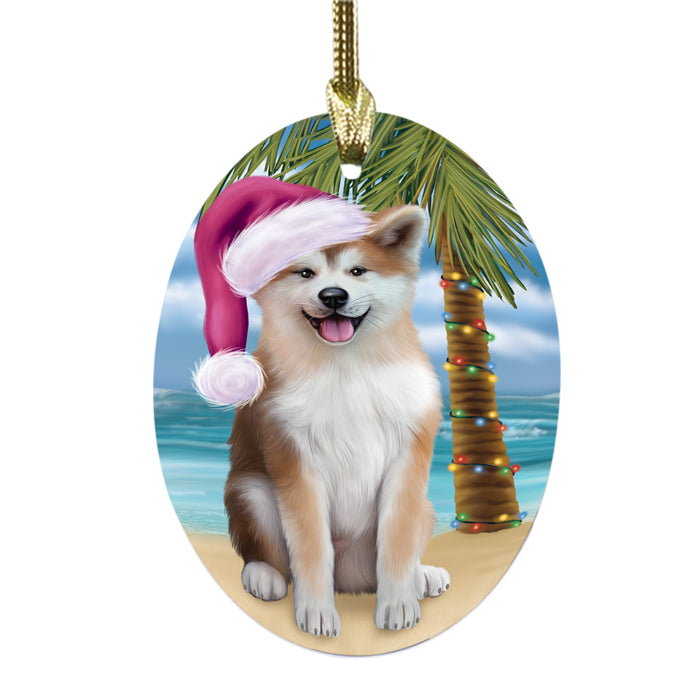 Summertime Happy Holidays Christmas Akita Dog on Tropical Island Beach Oval Glass Christmas Ornament OGOR49338