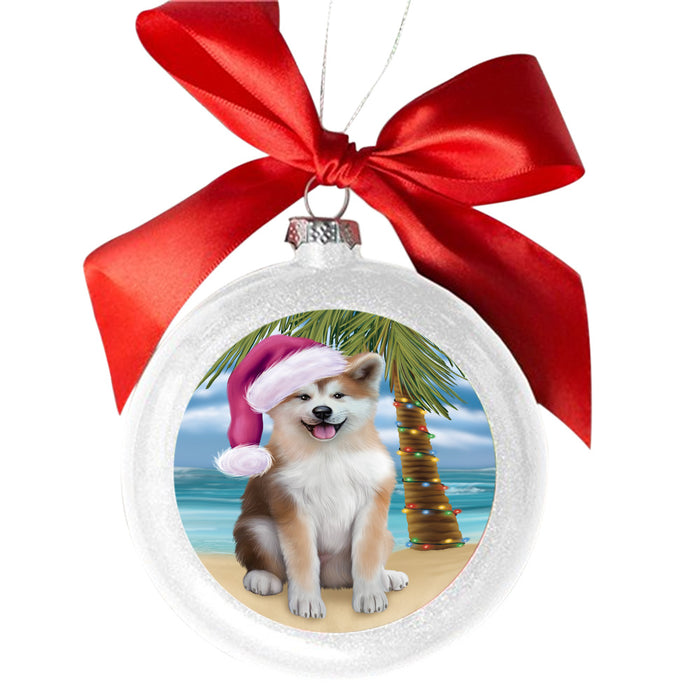 Summertime Happy Holidays Christmas Akita Dog on Tropical Island Beach White Round Ball Christmas Ornament WBSOR49338