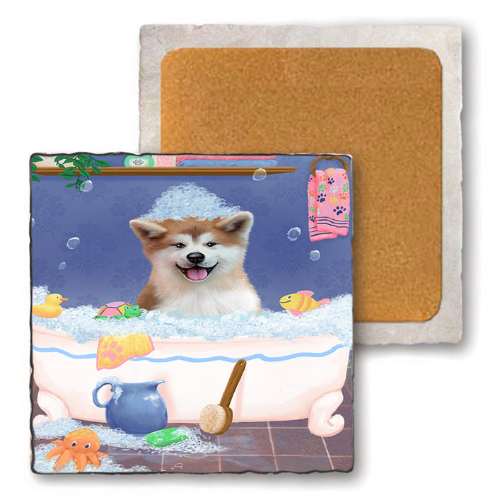 Rub A Dub Dog In A Tub Akita Dog Set of 4 Natural Stone Marble Tile Coasters MCST52284