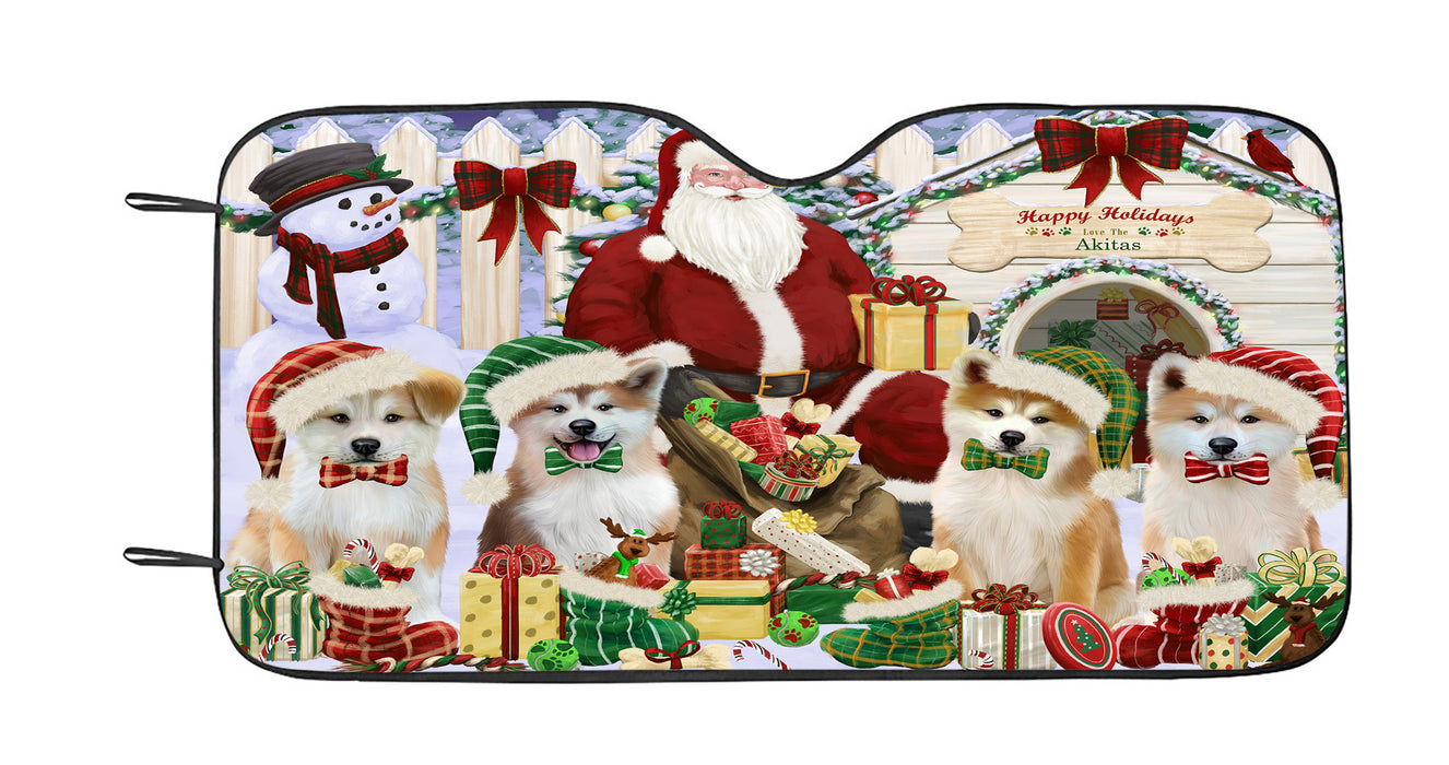 Happy Holidays Christmas Akita Dogs House Gathering Car Sun Shade