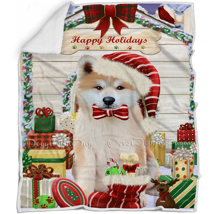 Happy Holidays Christmas Akita House with Presents Blanket BLNKT142029