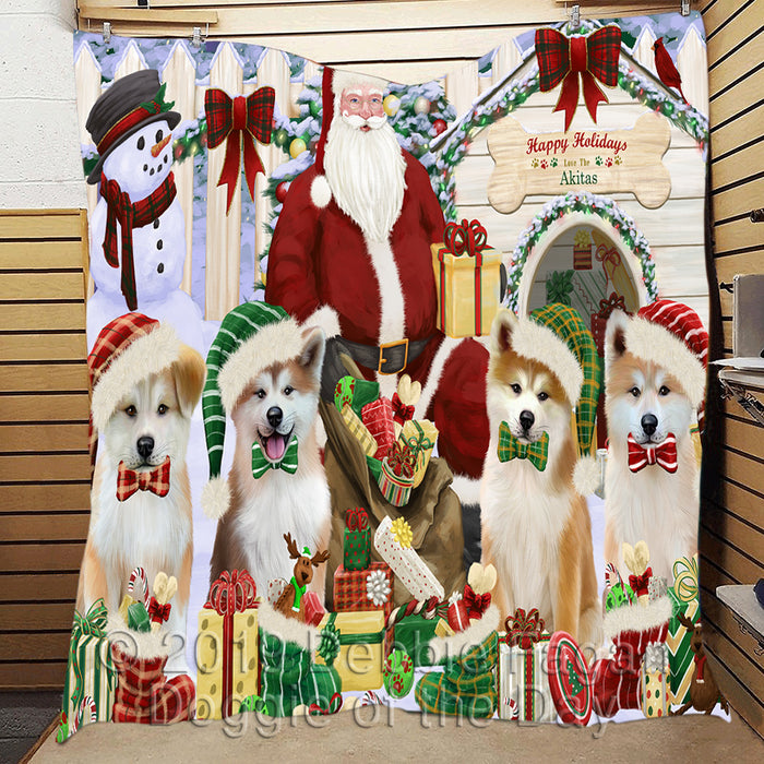 Happy Holidays Christmas Akita Dogs House Gathering Quilt