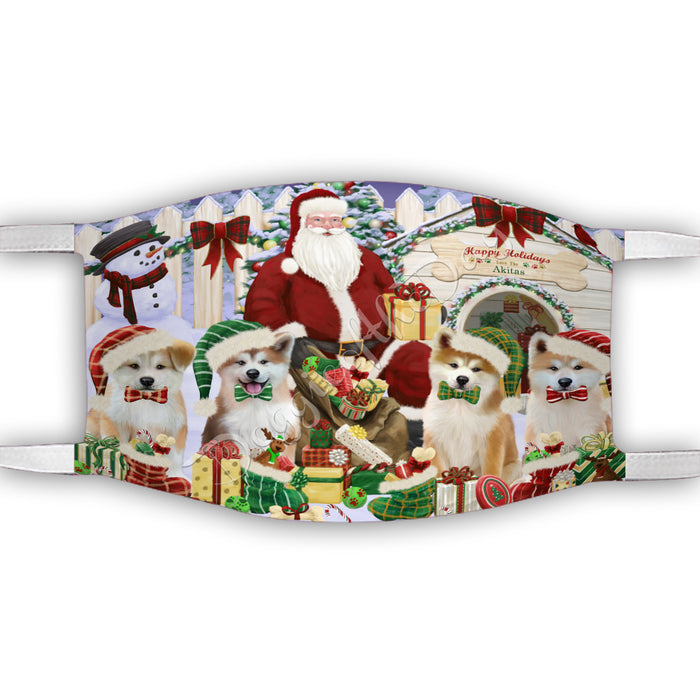 Happy Holidays Christmas Akita Dogs House Gathering Face Mask FM48206