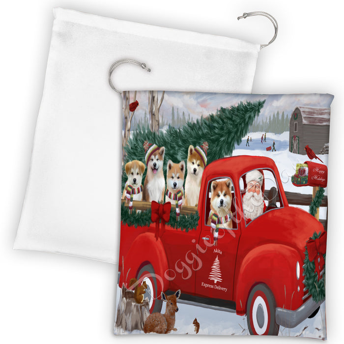 Christmas Santa Express Delivery Red Truck Akita Dogs Drawstring Laundry or Gift Bag LGB48265