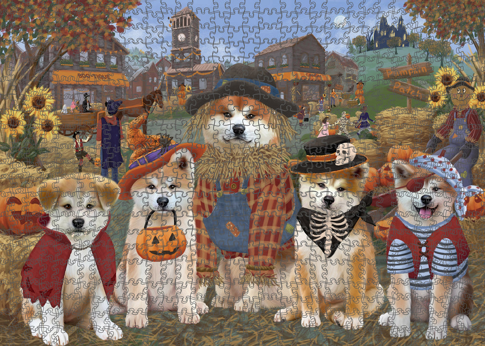 Halloween 'Round Town And Fall Pumpkin Scarecrow Both Akita Dogs Puzzle with Photo Tin PUZL96140