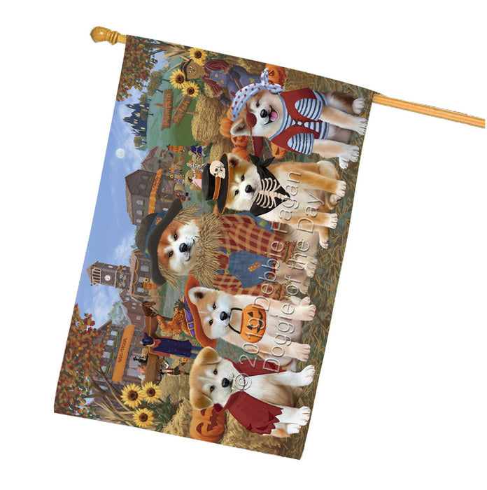 Halloween 'Round Town And Fall Pumpkin Scarecrow Both Akita Dogs House Flag FLG65614