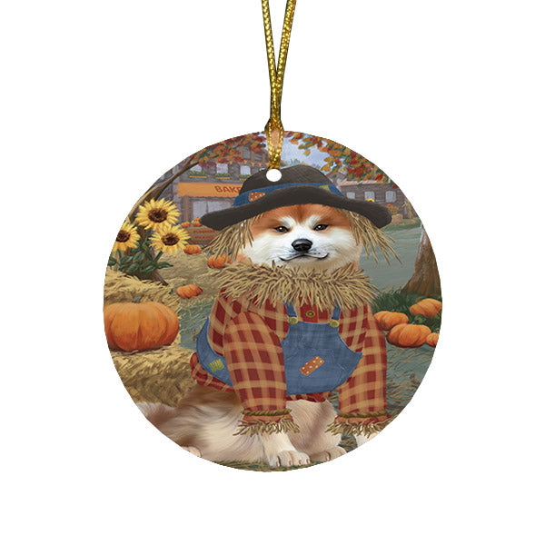 Halloween 'Round Town And Fall Pumpkin Scarecrow Both Akita Dogs Round Flat Christmas Ornament RFPOR57423
