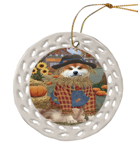 Fall Pumpkin Scarecrow Akita Dogs Ceramic Doily Ornament DPOR57519