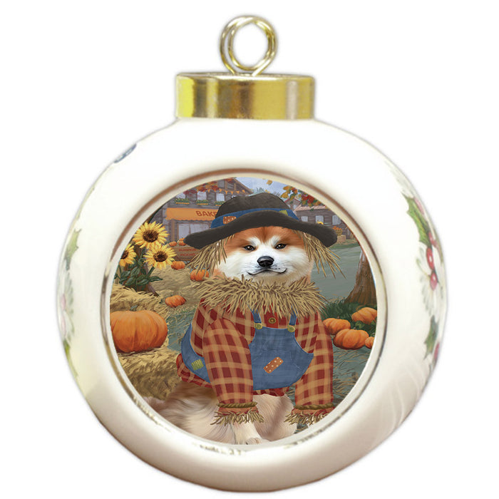 Halloween 'Round Town And Fall Pumpkin Scarecrow Both Akita Dogs Round Ball Christmas Ornament RBPOR57423