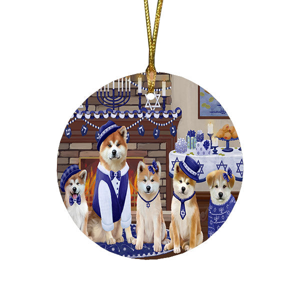 Happy Hanukkah Family and Happy Hanukkah Both Akita Dogs Round Flat Christmas Ornament RFPOR57484
