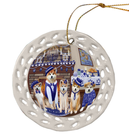 Happy Hanukkah Family Akita Dogs Doily Ornament DPOR57938