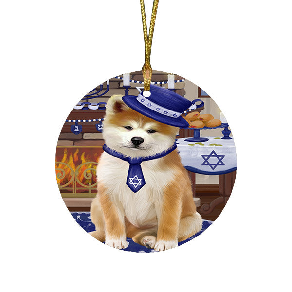 Happy Hanukkah Family and Happy Hanukkah Both Akita Dog Round Flat Christmas Ornament RFPOR57540