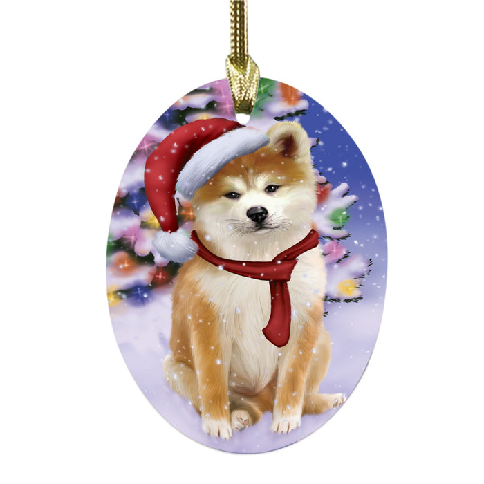 Winterland Wonderland Akita Dog In Christmas Holiday Scenic Background Oval Glass Christmas Ornament OGOR49483