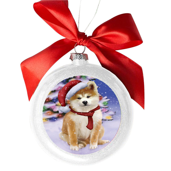 Winterland Wonderland Akita Dog In Christmas Holiday Scenic Background White Round Ball Christmas Ornament WBSOR49483