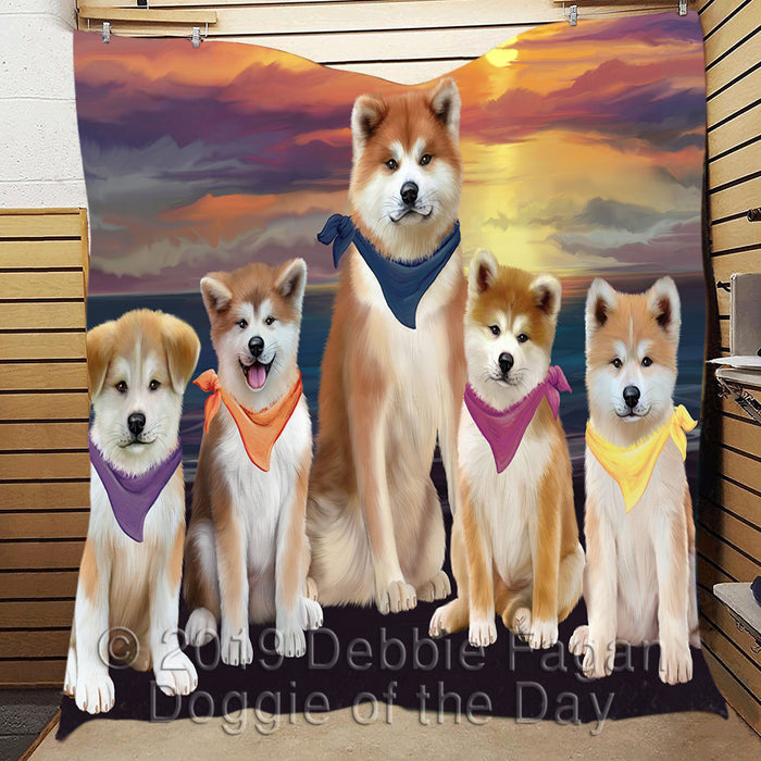 Family Sunset Portrait Akita Dogs Quilt