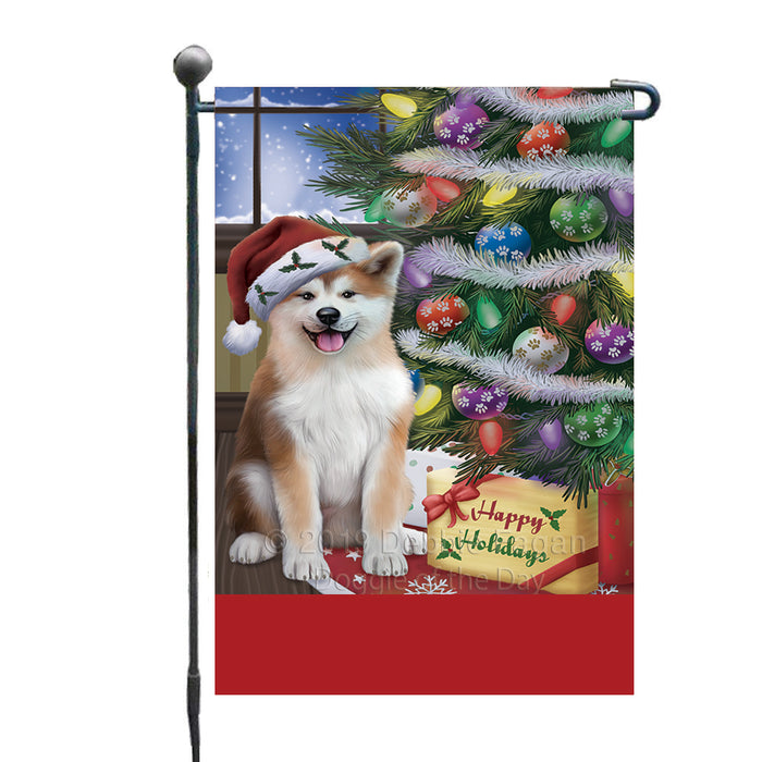 Personalized Christmas Happy Holidays Akita Dog with Tree and Presents Custom Garden Flags GFLG-DOTD-A58577