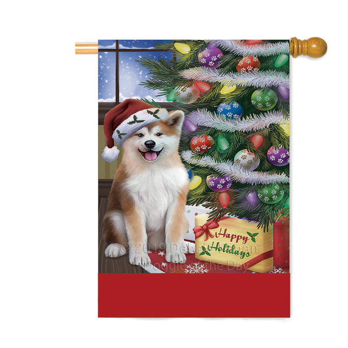 Personalized Christmas Happy Holidays Akita Dog with Tree and Presents Custom House Flag FLG-DOTD-A58633